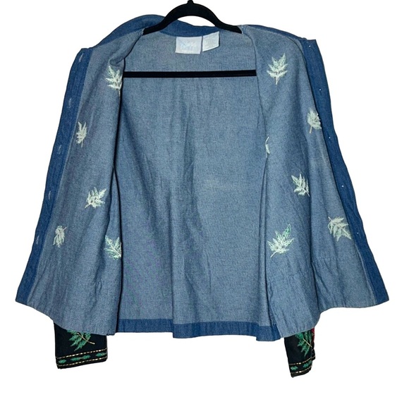 Blair Denim Button Down Shirt Jacket with Poinsettia Holiday Embroidery, Medium - Picture 7 of 12